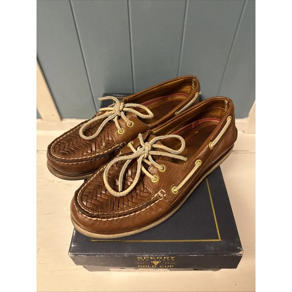 Sperry Gold Cup Leather Woven Tan Boat Shoes Men's Size 7.5 M‎